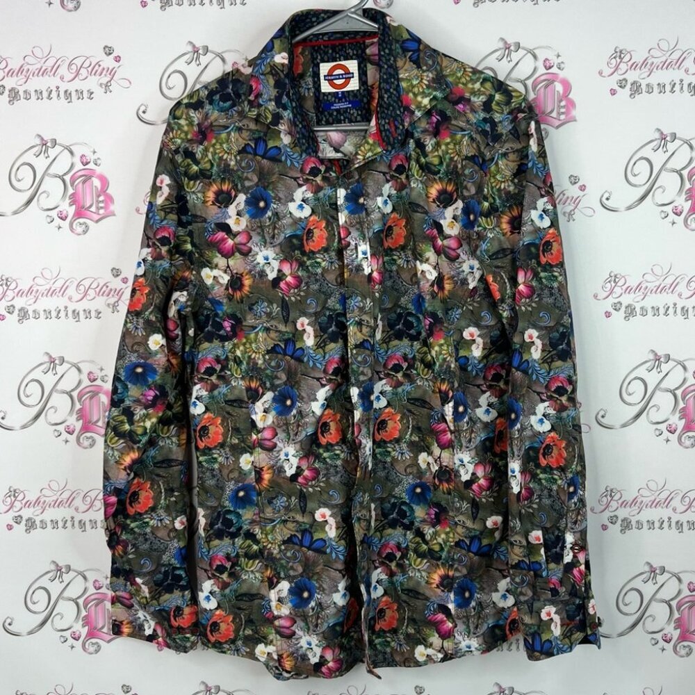 Jermyn & bond button up bright unique flowers dots Floral Long Sleeve Shirt